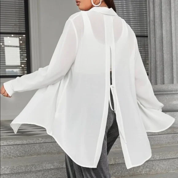 Boho Plus Size Slit Open back Button Shirt Top Blouse Black - Picture 5 of 10